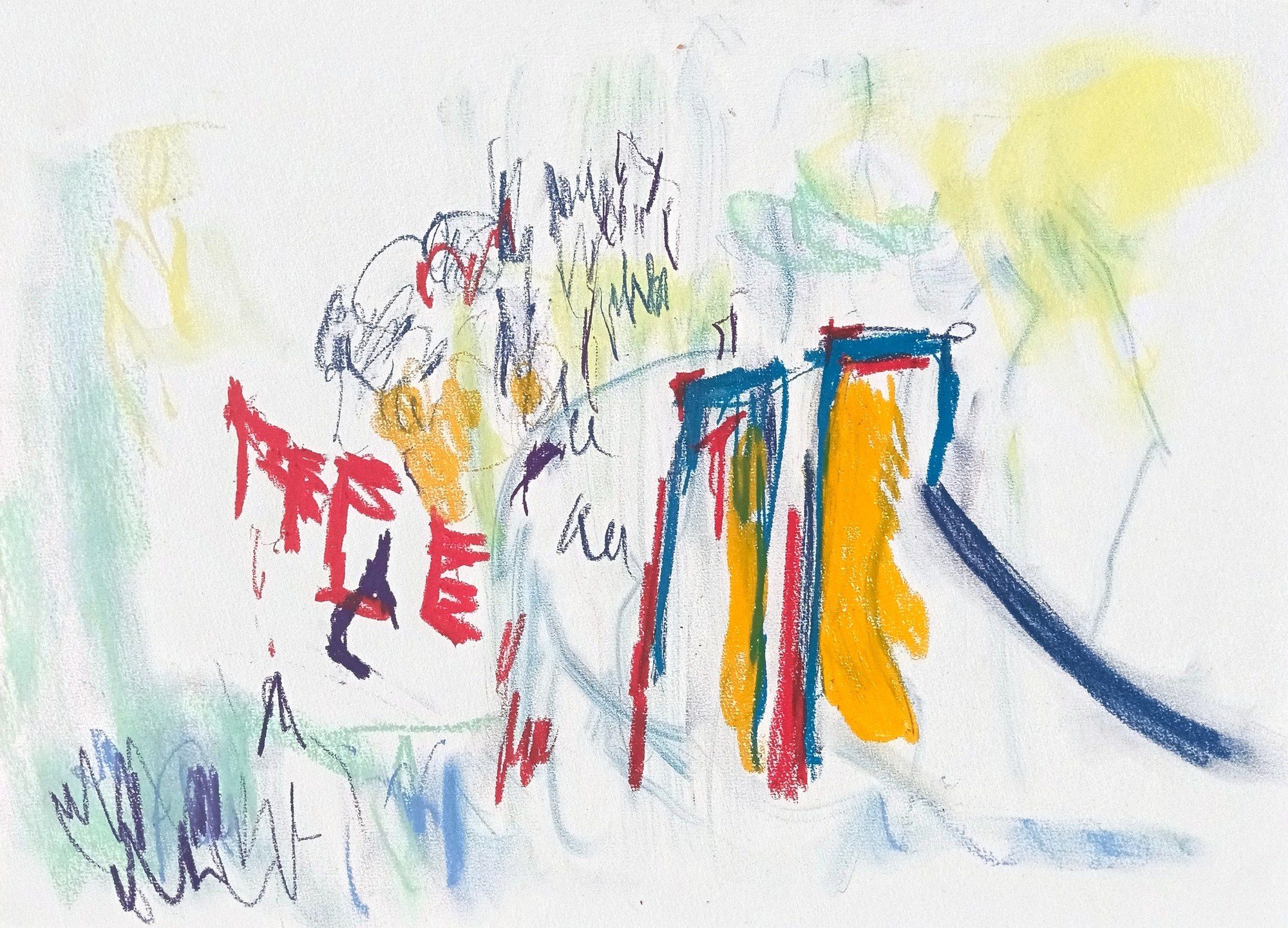 Sparse landscape sheet, mostly bare white paper. Right of centre a frame of blue uprights and red rails carries a broad orange chute that flares and curls at its foot without touching any ground. Left of it a cluster of blunt red glyphs and a knot of grey pencil scribble hover unanchored; violet zigzags stand in a green wash at the lower left, a single navy diagonal falls away to the right, and a soft yellow mass lights the upper right corner.
