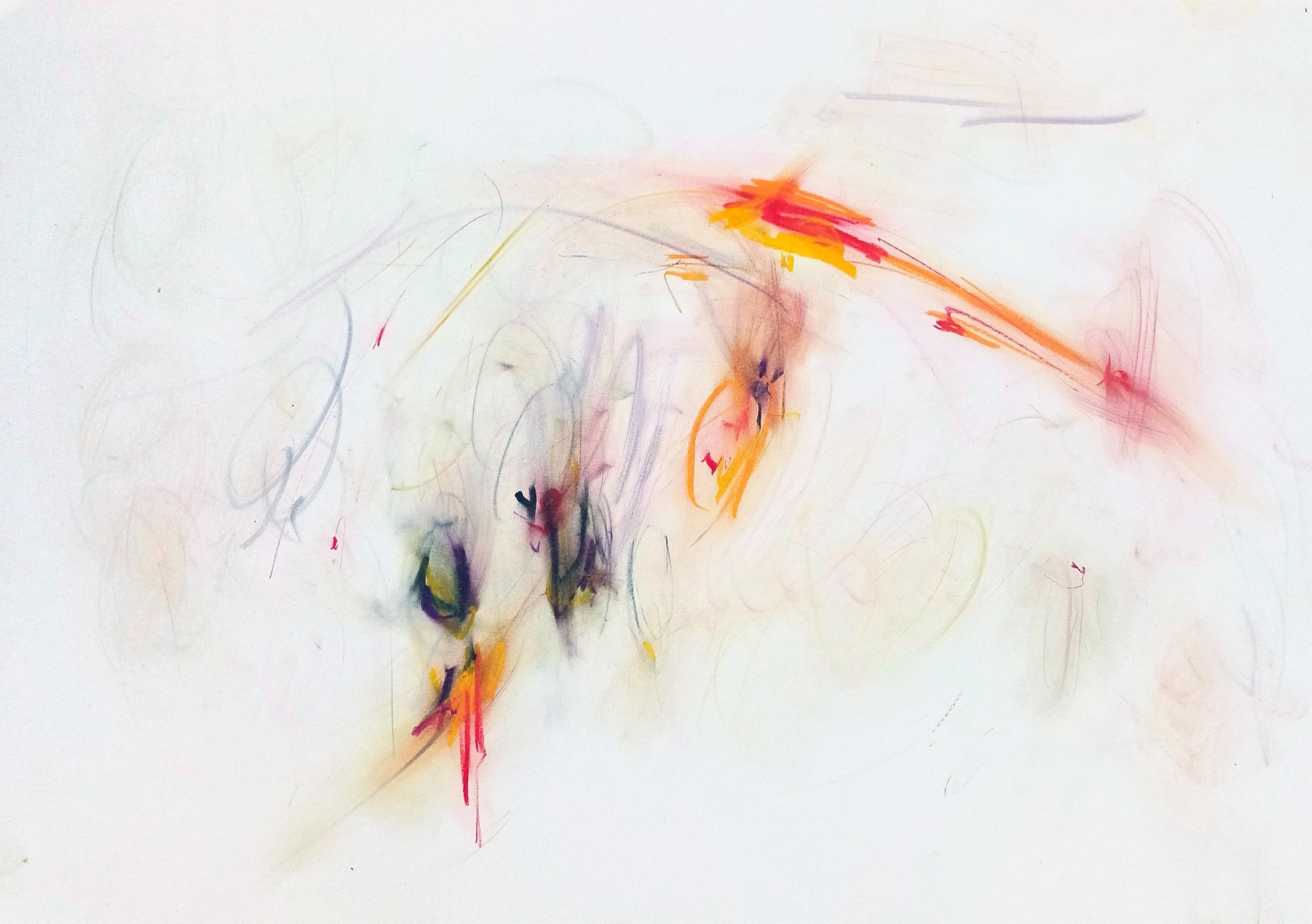 Landscape sheet of near-empty white paper carrying faint grey and mauve ghost-scribbles, punctuated by a few hot flares of orange, red and yellow — one low on the left, one at the centre, one at the upper right. Sparse and airy, the emptiness doing most of the work.