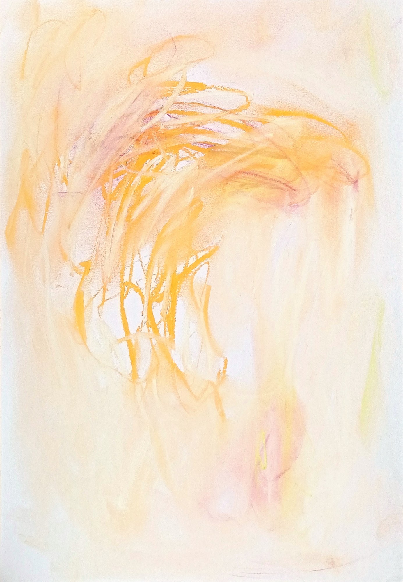 Portrait pastel sheet. A high cluster of yellow and orange loops arcs across the upper half, with paler yellow strokes falling under it and a faint pink smudge in the lower right. Warm, open, the lower sheet almost empty.