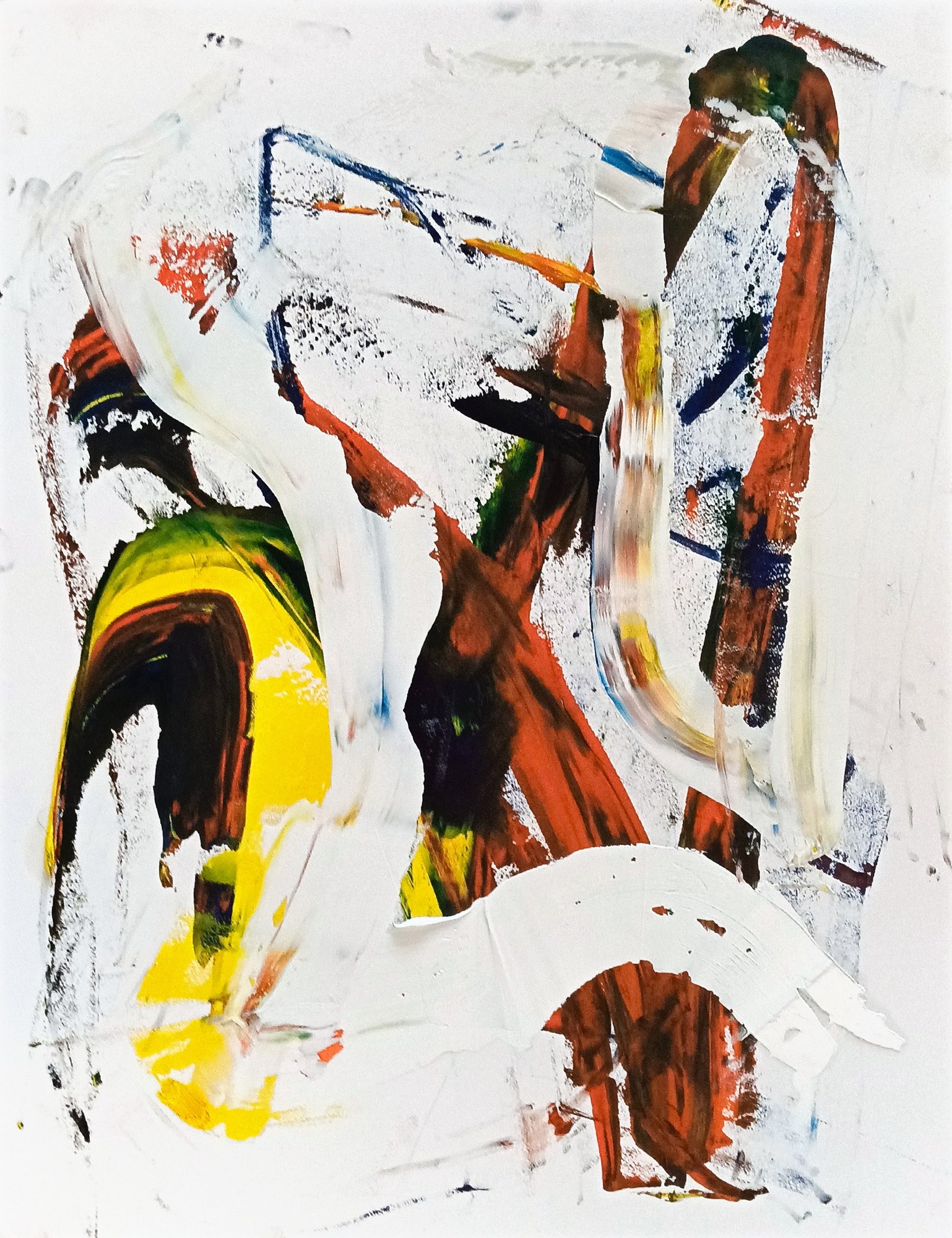 Portrait oil on paper dominated by thick white paint dragged over colour: a yellow arc hooded in black at the left, red-brown columns at the right, thin cobalt lines above, and a white bridge sweeping through red low on the sheet. Airy and bright, colour surviving in slivers between the white passes.