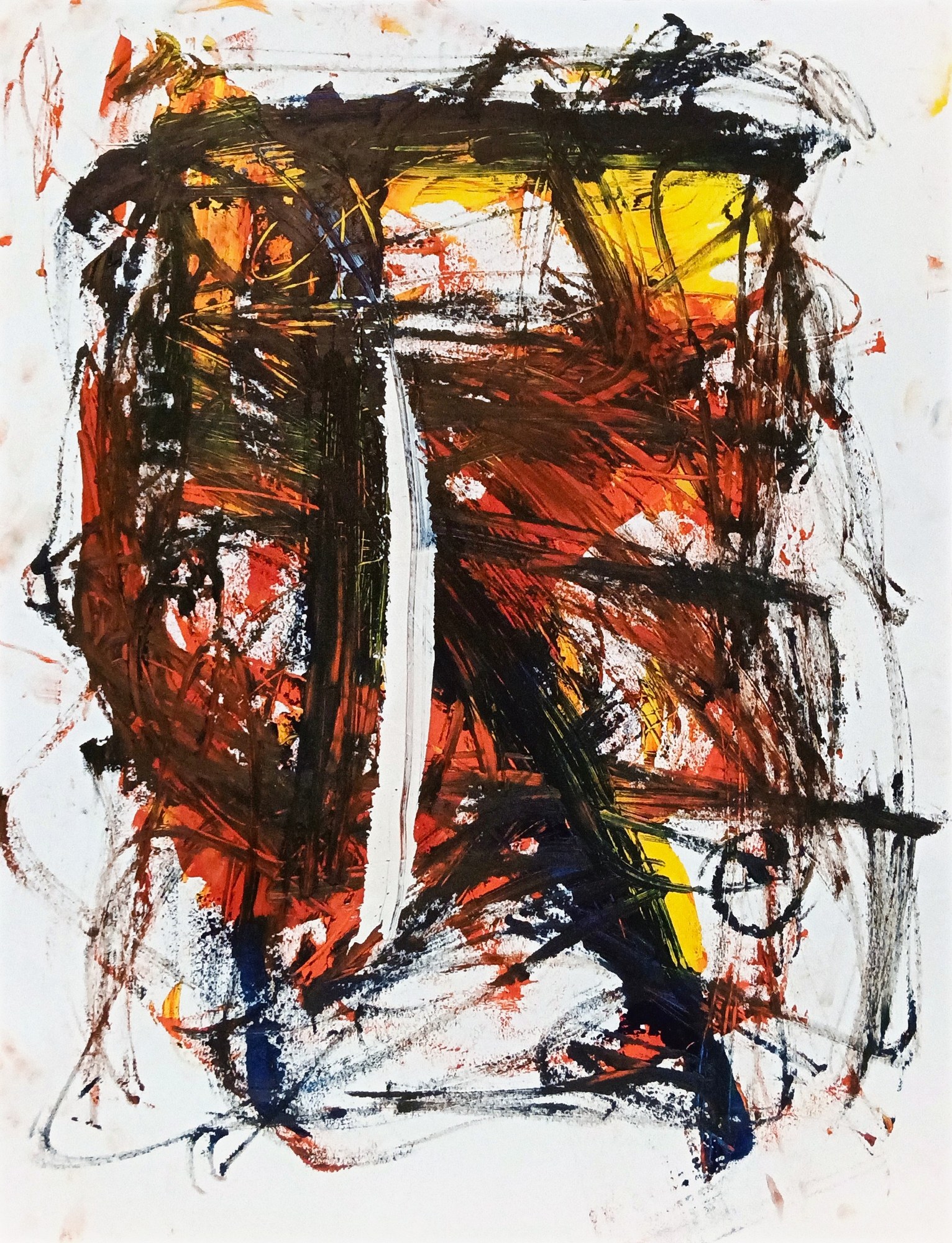 Portrait oil on paper, a dense dark block on bare margins. Yellow and red burn under a black scaffold of bars and verticals; a single white vertical stroke falls through the middle of the mass like a plumb line. Heavy, hot and centred, with paper breathing at the edges.