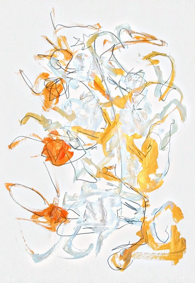Acrylic and pencil on white paper. An open, all-over scatter of pale blue washes and ochre-yellow strokes across white, with two hot orange knots anchoring the left and thin graphite lines wandering throughout. Airy and improvisational, quietly energetic.