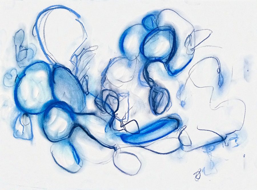 Loose archipelago of blue forms drifting across white paper: rounded cells shaded in smoky ultramarine gather at the left, thin out into bare wandering contour lines toward the right, and one deep-blue band swings low through the middle. Open, buoyant and unhurried.