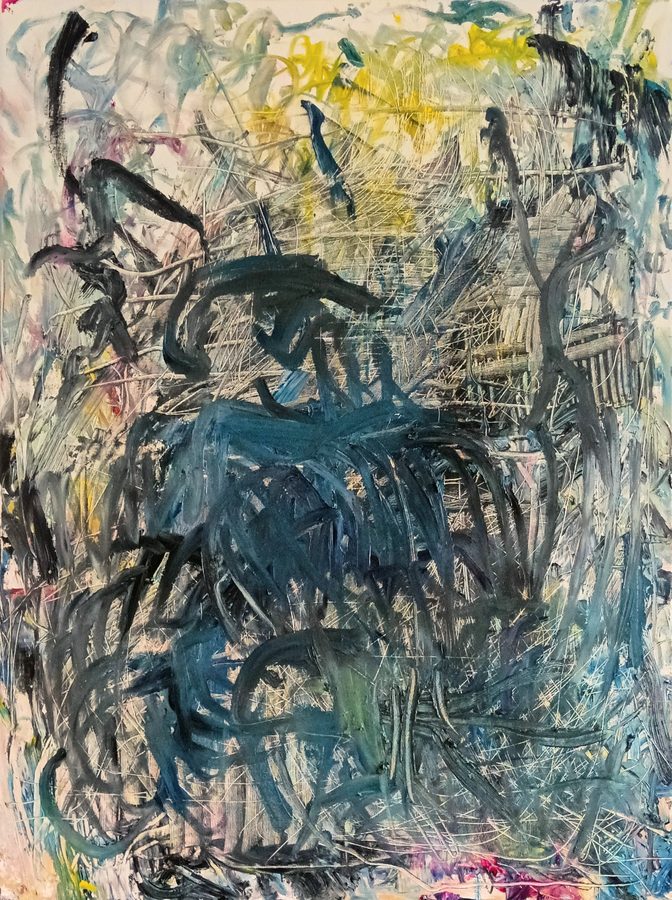Dense, all-over abstraction. Muscular teal and blue-grey strokes pile up at the centre over a scratched, pale ground, with flecks of yellow near the top and small touches of pink below. Energetic and churning, a little stormy.