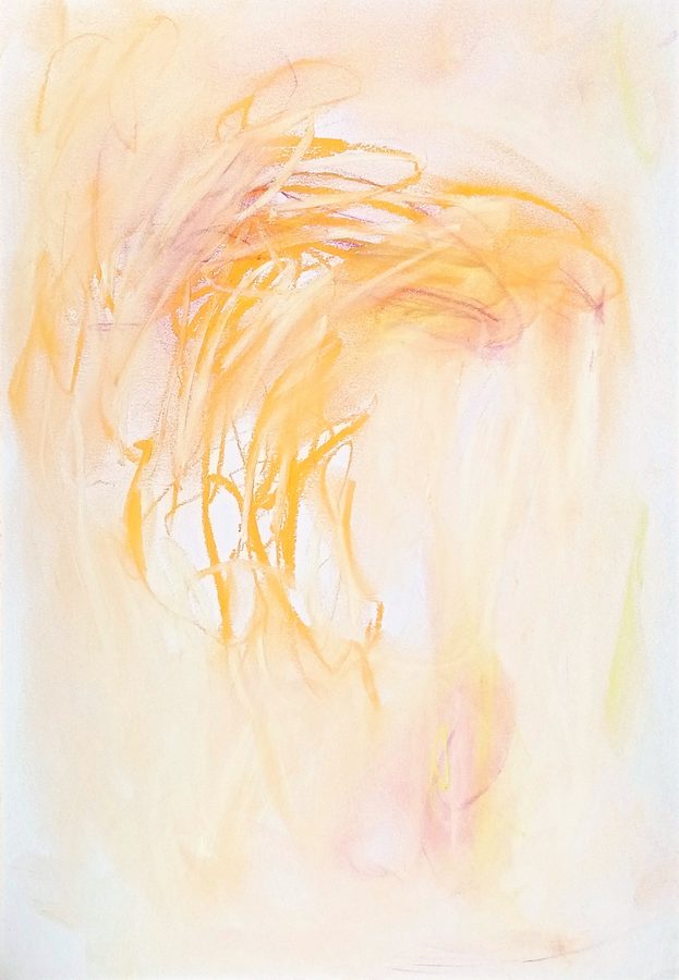 Portrait pastel sheet. A high cluster of yellow and orange loops arcs across the upper half, with paler yellow strokes falling under it and a faint pink smudge in the lower right. Warm, open, the lower sheet almost empty.