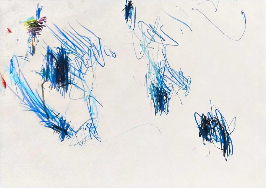 Landscape pastel sheet, mostly bare paper. Blue scribble in three clusters: a long left-hand sweep with a small yellow-purple-green knot at its crown, a vertical blue mass right of centre, and a dense navy knot in the lower right. Thin graphite and pale blue filaments wander the gaps. Cool, open, one warm spark.