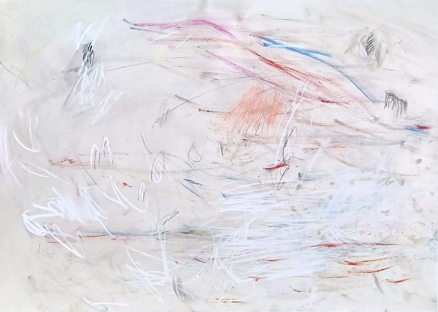 Landscape A2 sheet, mostly pale paper. White charcoal loops sit brighter than the sheet, densest in the lower right, with hook-like strokes on the left. Magenta and blue diagonals sweep toward the right; a peach patch sits high of centre; graphite and a few red flicks punctuate the field. Airy and high-key, the white doing the light.
